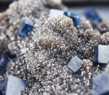 Кристаллы темно-синего флюорита на щетке дымчатого кварца 