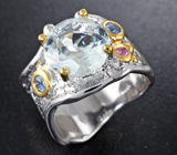 Серебряное кольцо с аквамарином, розовым и синими сапфирами