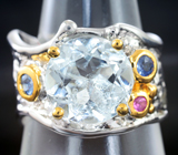 Серебряное кольцо с аквамарином, розовым и синими сапфирами Серебро 925