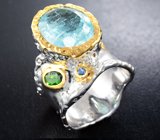 Серебряное кольцо c аквамарином, диопсидом и синим сапфиром  Серебро 925
