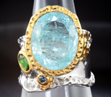 Серебряное кольцо c аквамарином, диопсидом и синим сапфиром  Серебро 925