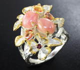 Серебряное кольцо с розовыми перуанскими опалами, сапфирами и родолитами Серебро 925