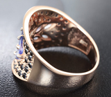 Широкое серебряное кольцо с танзанитами и черными шпинелями Серебро 925