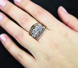 Широкое серебряное кольцо с танзанитами и черными шпинелями Серебро 925