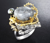 Серебряное кольцо с рутиловым кварцем, цветным жемчугом, перидотом и синими сапфирами Серебро 925