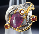 Серебряное кольцо с рубином и мозамбикскими гранатами Серебро 925