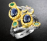 Серебряное кольцо с синими сапфирами, изумрудами и аметистом Серебро 925