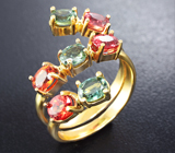 Золотое кольцо с яркими зелеными и оранжевыми сапфирами 3,41 карата Золото