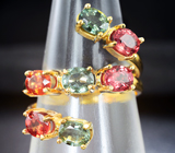 Золотое кольцо с яркими зелеными и оранжевыми сапфирами 3,41 карата Золото