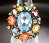 Шикарное черненое серебряное кольцо с голубым топазом и разноцветными сапфирами Серебро 925
