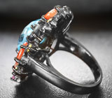 Шикарное черненое серебряное кольцо с голубым топазом и разноцветными сапфирами Серебро 925