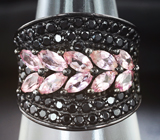 Широкое серебряное кольцо с розовыми турмалинами и черными шпинелями Серебро 925