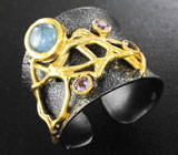 Серебряное кольцо с голубым сапфиром и аметистами Серебро 925