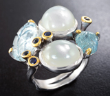 Серебряное кольцо с лунным камнем, резными аквамаринами, и синими сапфирами Серебро 925