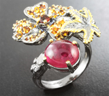 Серебряное кольцо с рубином, сапфирами, мозамбикским гранатом и диопсидом Серебро 925