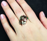 Чудесное серебряное кольцо с разноцветными турмалинами и резным перламутром Серебро 925