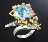 Серебряное кольцо с голубым топазом и розовыми сапфирами Серебро 925