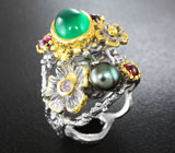 Серебряное кольцо с зеленым агатом, цветной жемчужиной, танзанитом и мозамбикскими гранатами