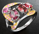 Серебряное кольцо с родолитами, красно-оранжевыми и розовыми сапфирами Серебро 925