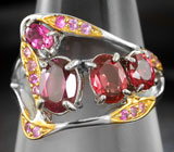 Серебряное кольцо с родолитами, красно-оранжевыми и розовыми сапфирами Серебро 925