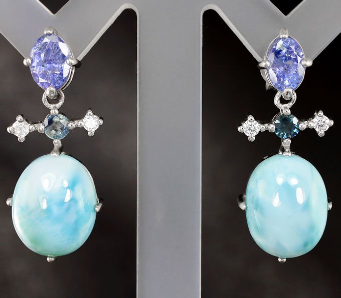 Серебряные серьги с ларимаром, танзанитами и синими сапфирами