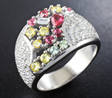 Стильное серебряное кольцо с разноцветными сапфирами Серебро 925