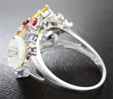 Серебряное кольцо с разноцветными сапфирами, танзанитами, резным перламутром и цветной эмалью Серебро 925