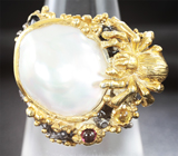 Серебряное кольцо с жемчужиной барокко, цитрином, синим сапфиром и родолитом Серебро 925