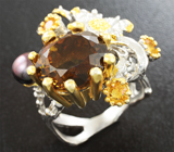 Серебряное кольцо с цитрином, цветной жемчужиной и сапфирами Серебро 925