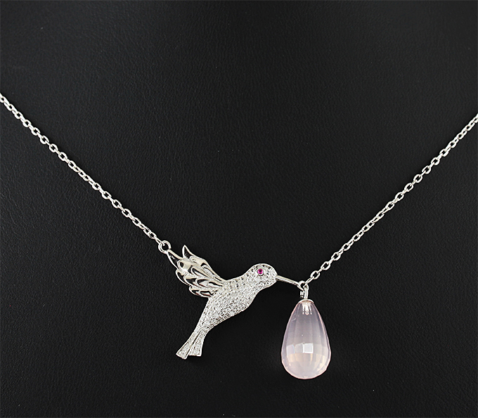 Серебряное колье из коллекции «Drops» с бриолетом кварца и розовым сапфиром