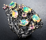 Серебряное кольцо с кристаллическими эфиопскими опалами и турмалинами Серебро 925