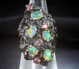 Серебряное кольцо с кристаллическими эфиопскими опалами и турмалинами Серебро 925