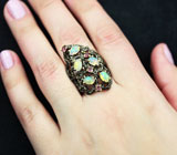 Серебряное кольцо с кристаллическими эфиопскими опалами и турмалинами Серебро 925