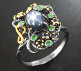 Серебряное кольцо cо звездчатым сапфиром 2,2 карата, цаворитами и синими сапфирами Серебро 925