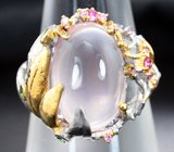 Серебряное кольцо с розовым кварцем, сапфирами и цаворитами