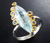 Серебряное кольцо с аквамарином 4,37 карата и синими сапфирами Серебро 925