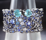 Серебряное кольцо с голубыми топазами, синими сапфирами и танзанитами Серебро 925
