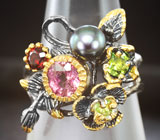 Серебряное кольцо с цветной жемчужиной и самоцветами