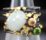 Серебряное кольцо с лунным камнем, диопсидом, диопсидом, голубым и оранжевым сапфирами