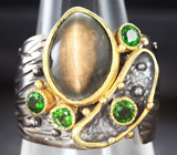 Серебряное кольцо с турмалином с эффектом «кошачьего глаза» и диопсидами Серебро 925