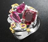 Серебряное кольцо с розовыми турмалинами и родолитами Серебро 925