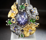 Серебряное кольцо cо звездчатым сапфиром 7,79 карата, синими сапфирами, цаворитами и танзанитами Серебро 925
