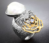 Серебряное кольцо с жемчужиной барокко и танзанитом Серебро 925