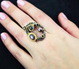 Серебряное кольцо с жемчужиной, звездчатым и синими сапфирами Серебро 925