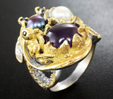 Серебряное кольцо с аметистом, жемчугом и синими сапфирами Серебро 925