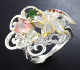 Серебряное кольцо с разноцветными турмалинами, родолитами и пурпурным сапфиром Серебро 925