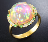 Золотое кольцо с кристаллическим эфиопским опалом 9,41 карата, бесцветными цирконами и цаворитами! Яркая опалесценция Золото