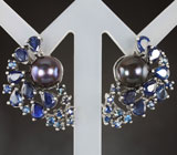 Превосходные серебряные серьги с цветным жемчугом и синими сапфирами Серебро 925
