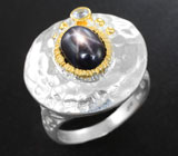 Серебряное кольцо cо звездчатым сапфиром и бесцветным топазом Серебро 925