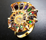 Золотое кольцо с аммонитом с аммолитовой мозаикой 33,29 карата! Игра всеми цветами радуги Золото